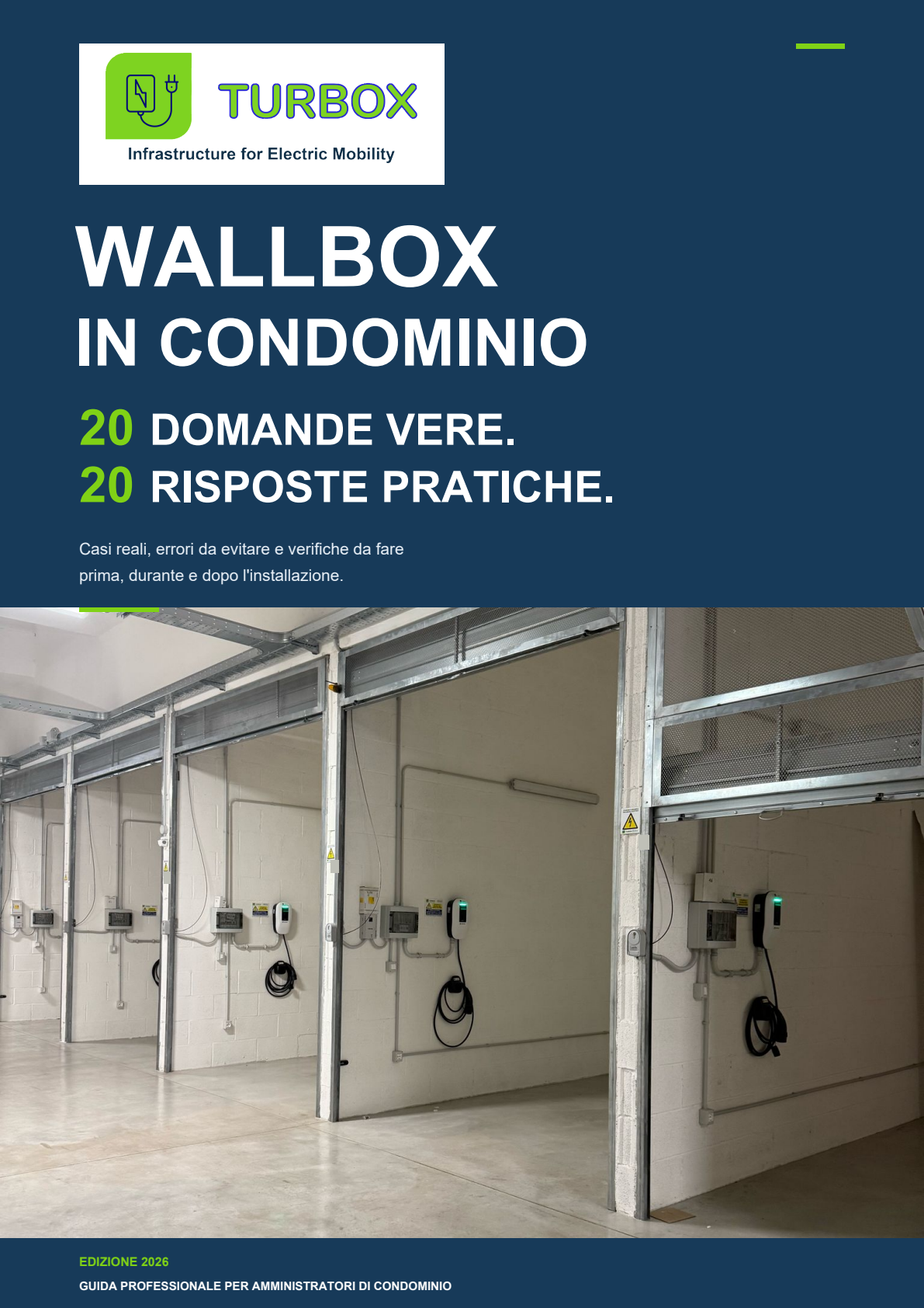 Copertina della guida Turbox Wallbox in condominio, con fotografia reale di un’installazione in autorimessa